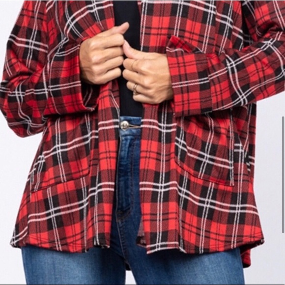 USA made women’s tartan plaid pocket cardigan cover up plaid fall top - Picture 3 of 3